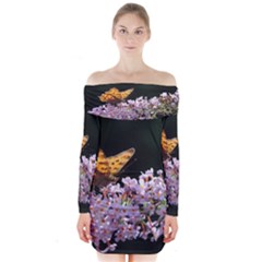 Butterfly Sitting On Flowers Long Sleeve Off Shoulder Dress by picsaspassion