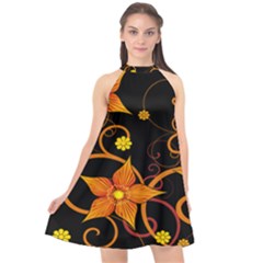 Star Leaf Orange Gold Red Black Flower Floral Halter Neckline Chiffon Dress  by Mariart