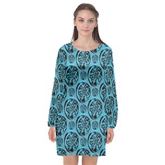 Turquoise Pattern Long Sleeve Chiffon Shift Dress  by linceazul