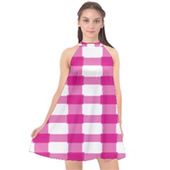 Hot Pink Brush Stroke Plaid Tech White Halter Neckline Chiffon Dress  by Mariart