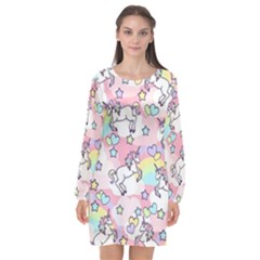 Unicorn Rainbow Long Sleeve Chiffon Shift Dress  by Nexatart