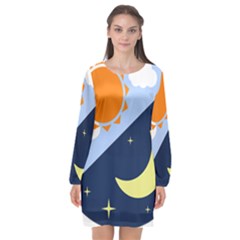 Day Night Moon Stars Cloud Stars Long Sleeve Chiffon Shift Dress  by Mariart