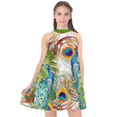 Colorful Peacock Halter Neckline Chiffon Dress  by PattyVilleDesigns