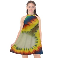 Red Blue Yellow Green Medium Rainbow Tie Dye Kaleidoscope Opaque Color Halter Neckline Chiffon Dress  by Mariart