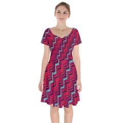 Red Turquoise Black Zig Zag Background Short Sleeve Bardot Dress by BangZart