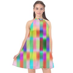 Multicolored Irritation Stripes Halter Neckline Chiffon Dress  by designworld65