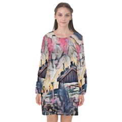 Modern Abstract Painting Long Sleeve Chiffon Shift Dress  by NouveauDesign