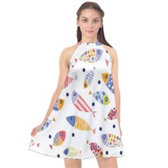 Love Fish Seaworld Swim Blue White Sea Water Cartoons Rainbow Halter Neckline Chiffon Dress  by Mariart