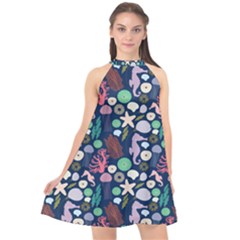 Seahorses Jellyfish Seaworld Sea  Beach Swiim Halter Neckline Chiffon Dress  by Mariart