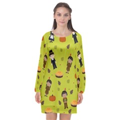 Pilgrims And Indians Pattern - Thanksgiving Long Sleeve Chiffon Shift Dress  by Valentinaart