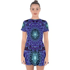 Accordant Electric Blue Fractal Flower Mandala Drop Hem Mini Chiffon Dress by jayaprime