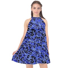 Texture Structure Electric Blue Halter Neckline Chiffon Dress  by Celenk