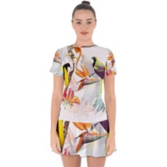 Exotic Birds Of Paradise And Flowers Watercolor Drop Hem Mini Chiffon Dress by TKKdesignsCo