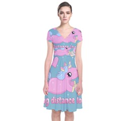 Long Distance Lover - Cute Unicorn Short Sleeve Front Wrap Dress by Valentinaart