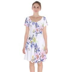 Lily Hand Painted Iris Short Sleeve Bardot Dress by Sapixe