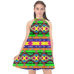 Distorted Colorful Shapes And Stripes                                      Halter Neckline Chiffon Dress by LalyLauraFLM