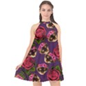 Lazy Cat Floral Pattern Purple Halter Neckline Chiffon Dress  View1