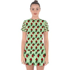 Red Roses Green Drop Hem Mini Chiffon Dress by snowwhitegirl