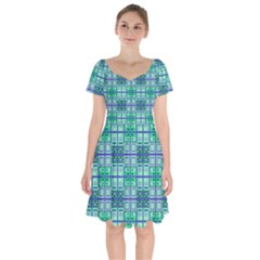 Mod Blue Green Square Pattern Short Sleeve Bardot Dress by BrightVibesDesign