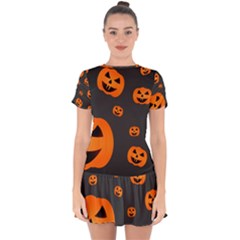 Halloween Pumpkin Autumn Fall Drop Hem Mini Chiffon Dress by Sapixe