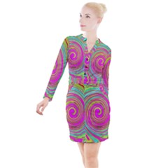 Groovy Abstract Pink, Turquoise And Yellow Swirl Button Long Sleeve Dress by myrubiogarden