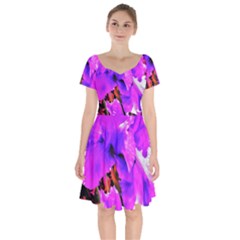 Abstract Ultra Violet Purple Iris On Red And Pink Short Sleeve Bardot Dress by myrubiogarden