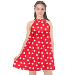 Christmas Pattern White Stars Red Halter Neckline Chiffon Dress  by Mariart