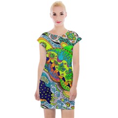 Cosmic Lizards With Alien Spaceship Cap Sleeve Bodycon Dress by chellerayartisans