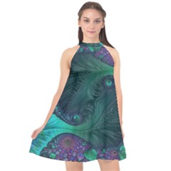 Ocean Green Sea Blue Fractal Art Halter Neckline Chiffon Dress  by Pakrebo