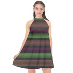 Stripes Green Brown Pink Grey Halter Neckline Chiffon Dress  by BrightVibesDesign