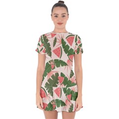 Tropical Watermelon Leaves Pink And Green Jungle Leaves Retro Hawaiian Style Drop Hem Mini Chiffon Dress by genx