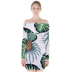 Pineapple Tropical Jungle Giant Green Leaf Watercolor Pattern Long Sleeve Off Shoulder Dress by genx