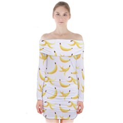 Yellow Banana And Peels Pattern With Polygon Retro Style Long Sleeve Off Shoulder Dress by genx