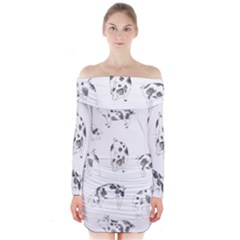 Pigs Handrawn Black And White Square13k Black Pattern Skull Bats Vintage K Long Sleeve Off Shoulder Dress by genx