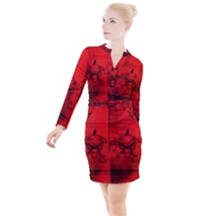 Awesome Creepy Skull With Crowm In Red Colors Button Long Sleeve Dress by FantasyWorld7