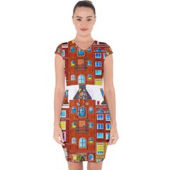 Town Buildings Old Brick Building Capsleeve Drawstring Dress  by Sudhe