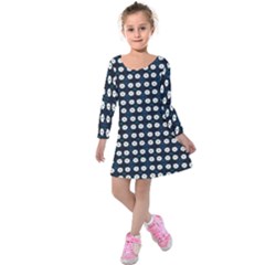 White Flower Pattern On Dark Blue Kids  Long Sleeve Velvet Dress by BrightVibesDesign