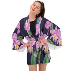 Vector Hand Drawn Orchid Flower Pattern Long Sleeve Kimono by Sobalvarro