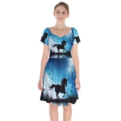 Wonderful Unicorn Silhouette In The Night Short Sleeve Bardot Dress by FantasyWorld7