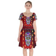 Awesome Sugar Skull With Hearts Short Sleeve Bardot Dress by FantasyWorld7