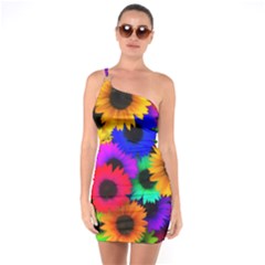 Colorful Sunflowers                                                One Shoulder Ring Trim Bodycon Dress by LalyLauraFLM