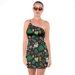 Floral Pattern With Plants Sloth Flowers Black Backdrop One Soulder Bodycon Dress by Vaneshart