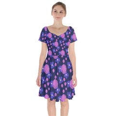 Pink And Blue Flowers Short Sleeve Bardot Dress by bloomingvinedesign