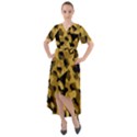 Black Yellow Brown Camouflage Pattern Front Wrap High Low Dress View1