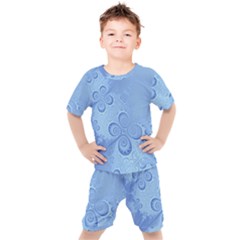 Light Blue Intricate Swirls Pattern Kids  Tee And Shorts Set by SpinnyChairDesigns