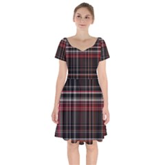 Red Black White Plaid Stripes Short Sleeve Bardot Dress by SpinnyChairDesigns