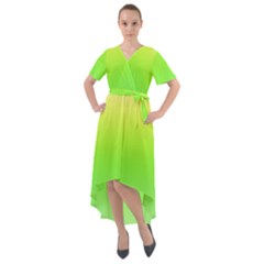 Lemon Yellow And Lime Green Gradient Ombre Color Front Wrap High Low Dress by SpinnyChairDesigns