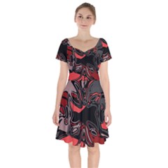 Red Black Grey Abstract Art Short Sleeve Bardot Dress by SpinnyChairDesigns