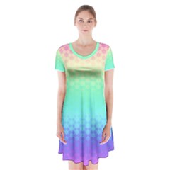 Rainbow Floral Ombre Print Short Sleeve V-neck Flare Dress by SpinnyChairDesigns