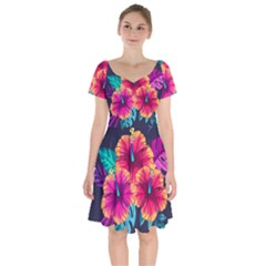 Neon Flowers Short Sleeve Bardot Dress by goljakoff